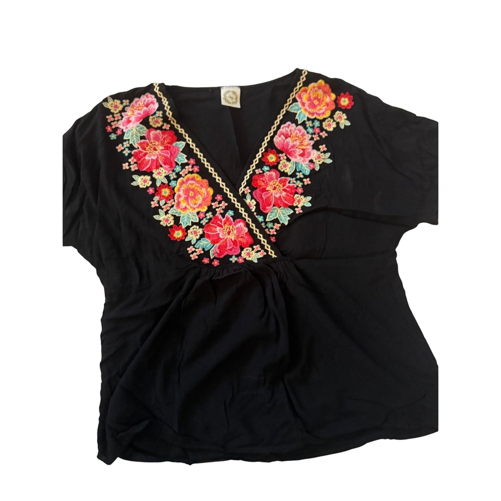 Ivy Black Floral‎ Embroidered Surplice V-Neck Empire Waist Blouse Top